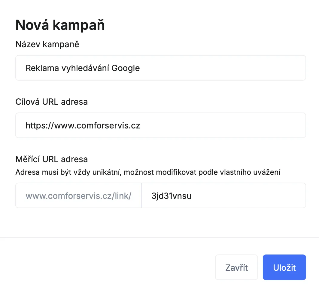 Ukázka nastavení kampaně v MyRepair.app – Kampaně / Linkování