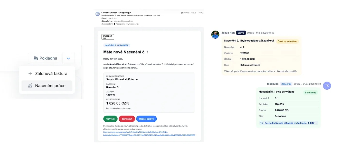 Komunikace se zákazníkem a online schválení nacenění v myrepair.app